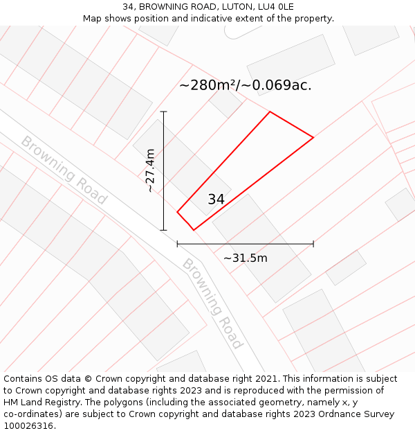 34, BROWNING ROAD, LUTON, LU4 0LE: Plot and title map