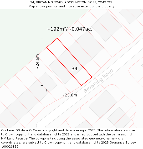 34, BROWNING ROAD, POCKLINGTON, YORK, YO42 2GL: Plot and title map