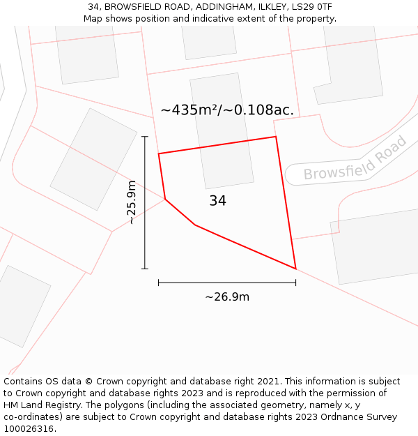 34, BROWSFIELD ROAD, ADDINGHAM, ILKLEY, LS29 0TF: Plot and title map