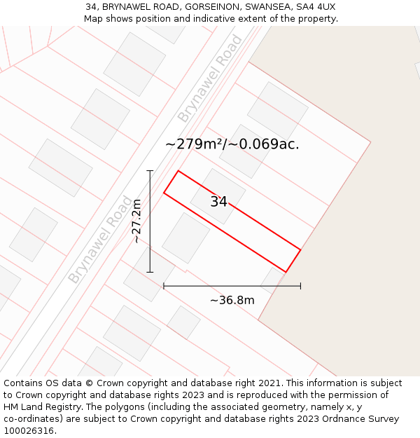 34, BRYNAWEL ROAD, GORSEINON, SWANSEA, SA4 4UX: Plot and title map