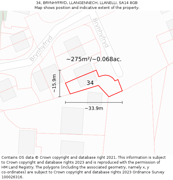 34, BRYNHYFRYD, LLANGENNECH, LLANELLI, SA14 8GB: Plot and title map