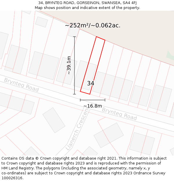 34, BRYNTEG ROAD, GORSEINON, SWANSEA, SA4 4FJ: Plot and title map