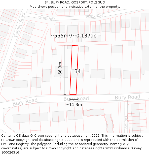 34, BURY ROAD, GOSPORT, PO12 3UD: Plot and title map