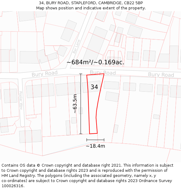 34, BURY ROAD, STAPLEFORD, CAMBRIDGE, CB22 5BP: Plot and title map