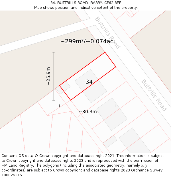 34, BUTTRILLS ROAD, BARRY, CF62 8EF: Plot and title map