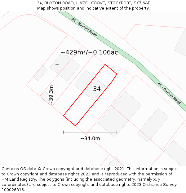 34, BUXTON ROAD, HAZEL GROVE, STOCKPORT, SK7 6AF: Plot and title map