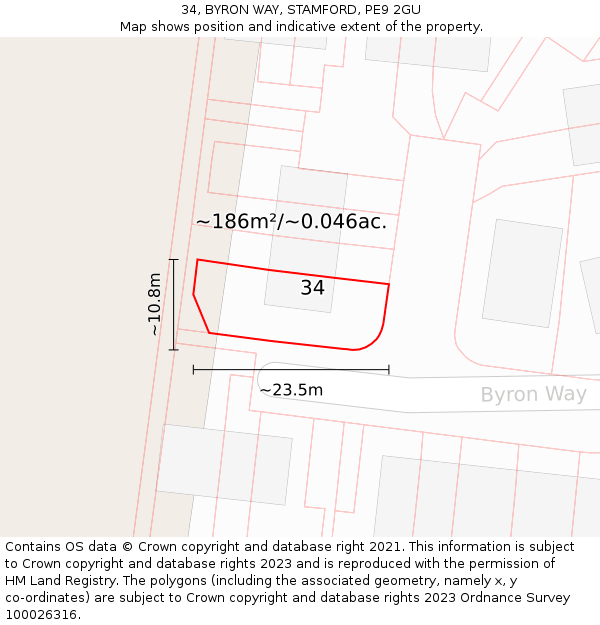 34, BYRON WAY, STAMFORD, PE9 2GU: Plot and title map