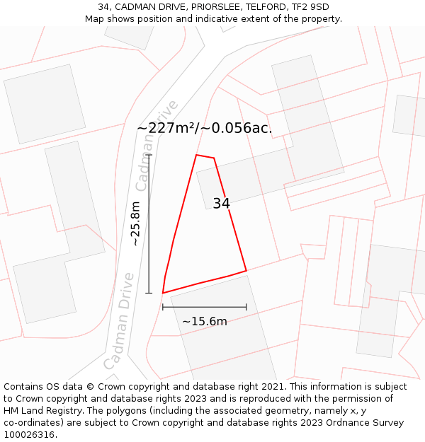 34, CADMAN DRIVE, PRIORSLEE, TELFORD, TF2 9SD: Plot and title map