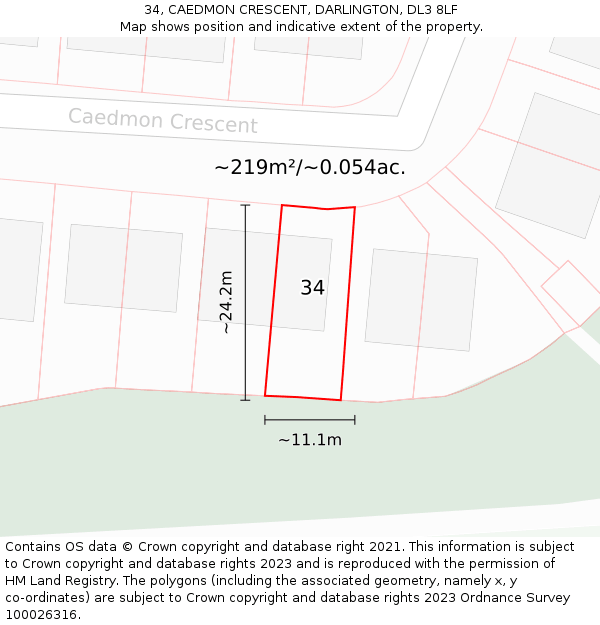 34, CAEDMON CRESCENT, DARLINGTON, DL3 8LF: Plot and title map