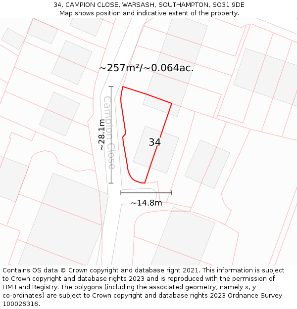 34, CAMPION CLOSE, WARSASH, SOUTHAMPTON, SO31 9DE: Plot and title map