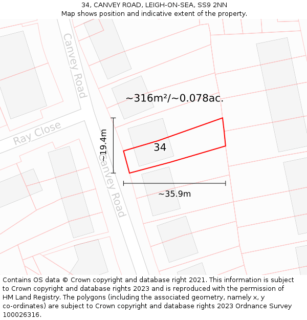 34, CANVEY ROAD, LEIGH-ON-SEA, SS9 2NN: Plot and title map