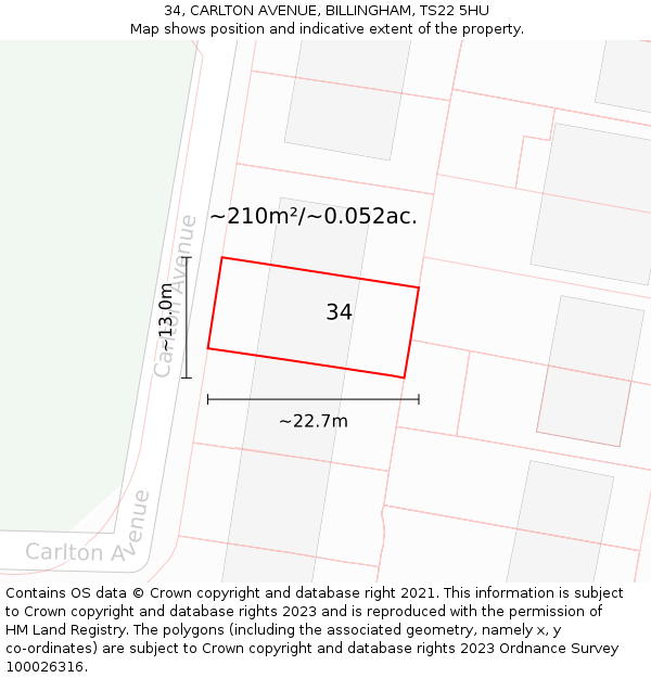 34, CARLTON AVENUE, BILLINGHAM, TS22 5HU: Plot and title map