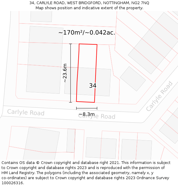 34, CARLYLE ROAD, WEST BRIDGFORD, NOTTINGHAM, NG2 7NQ: Plot and title map