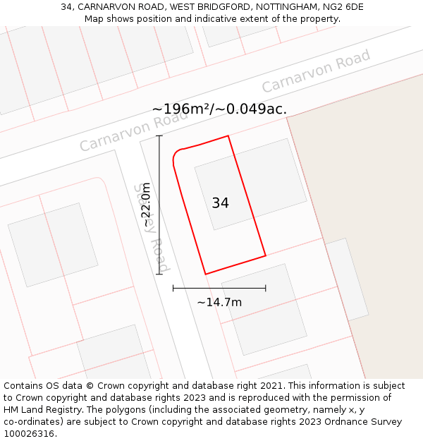 34, CARNARVON ROAD, WEST BRIDGFORD, NOTTINGHAM, NG2 6DE: Plot and title map