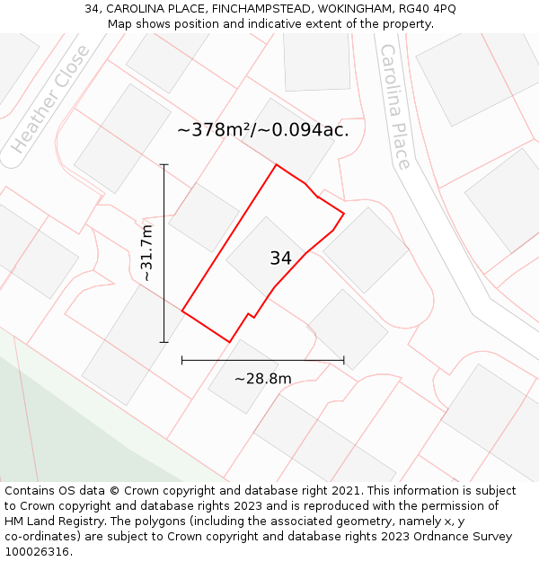 34, CAROLINA PLACE, FINCHAMPSTEAD, WOKINGHAM, RG40 4PQ: Plot and title map