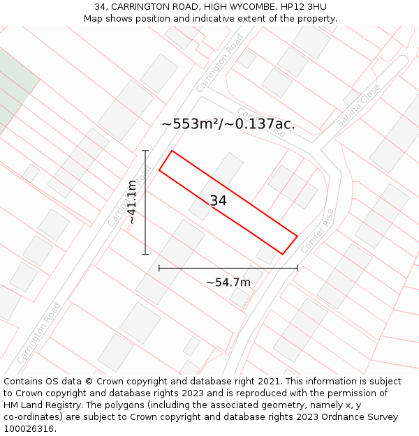 34, CARRINGTON ROAD, HIGH WYCOMBE, HP12 3HU: Plot and title map