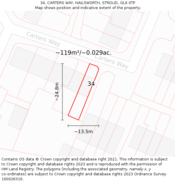 34, CARTERS WAY, NAILSWORTH, STROUD, GL6 0TP: Plot and title map