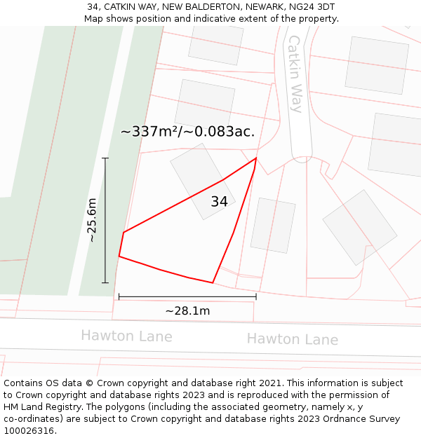 34, CATKIN WAY, NEW BALDERTON, NEWARK, NG24 3DT: Plot and title map