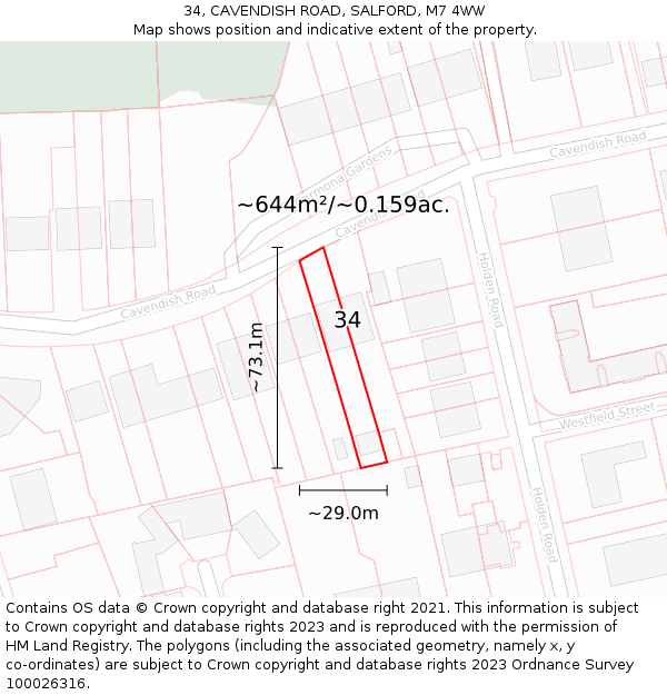 34, CAVENDISH ROAD, SALFORD, M7 4WW: Plot and title map