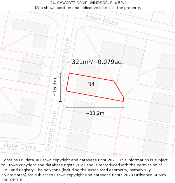 34, CAWCOTT DRIVE, WINDSOR, SL4 5PU: Plot and title map