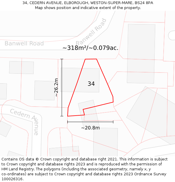 34, CEDERN AVENUE, ELBOROUGH, WESTON-SUPER-MARE, BS24 8PA: Plot and title map