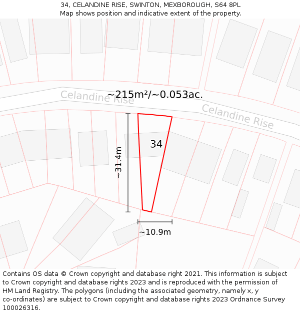 34, CELANDINE RISE, SWINTON, MEXBOROUGH, S64 8PL: Plot and title map