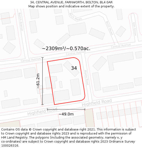 34, CENTRAL AVENUE, FARNWORTH, BOLTON, BL4 0AR: Plot and title map