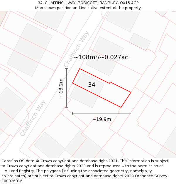 34, CHAFFINCH WAY, BODICOTE, BANBURY, OX15 4GP: Plot and title map
