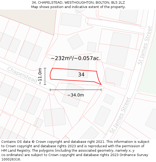 34, CHAPELSTEAD, WESTHOUGHTON, BOLTON, BL5 2LZ: Plot and title map