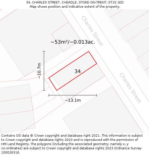 34, CHARLES STREET, CHEADLE, STOKE-ON-TRENT, ST10 1ED: Plot and title map