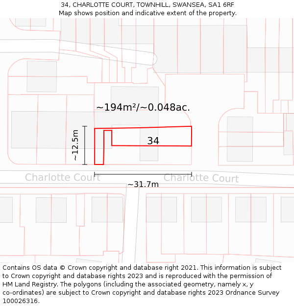 34, CHARLOTTE COURT, TOWNHILL, SWANSEA, SA1 6RF: Plot and title map