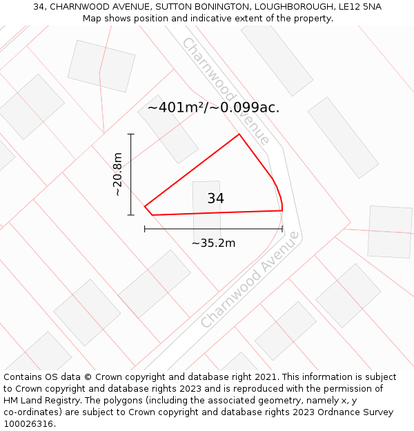 34, CHARNWOOD AVENUE, SUTTON BONINGTON, LOUGHBOROUGH, LE12 5NA: Plot and title map