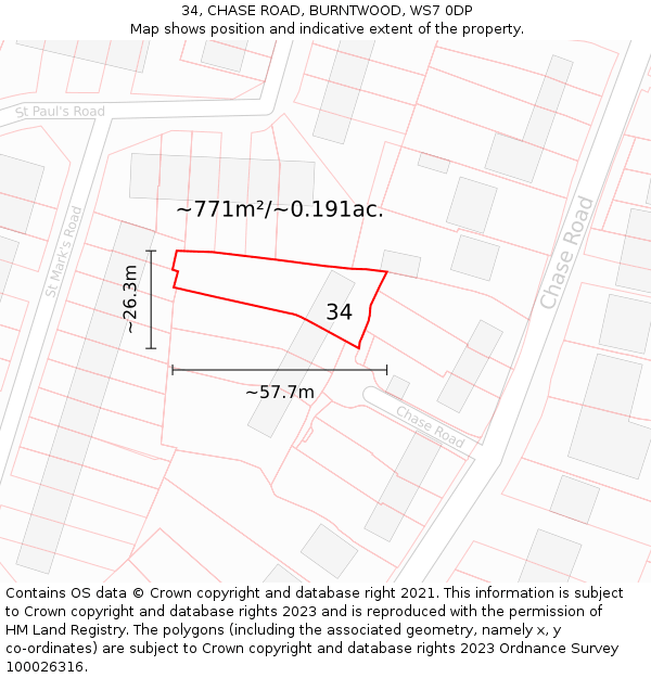 34, CHASE ROAD, BURNTWOOD, WS7 0DP: Plot and title map