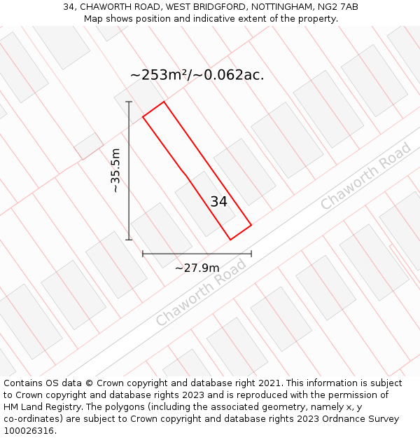 34, CHAWORTH ROAD, WEST BRIDGFORD, NOTTINGHAM, NG2 7AB: Plot and title map