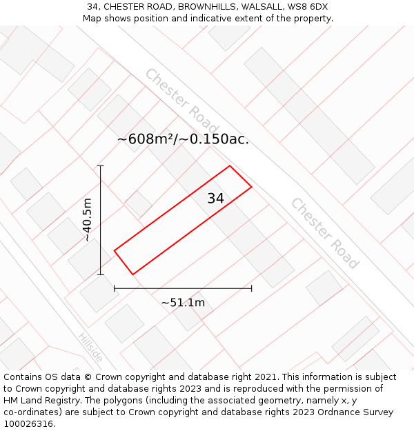 34, CHESTER ROAD, BROWNHILLS, WALSALL, WS8 6DX: Plot and title map