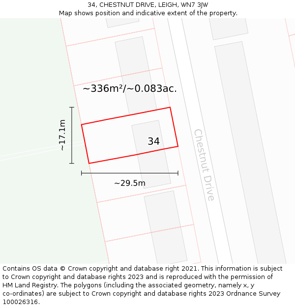 34, CHESTNUT DRIVE, LEIGH, WN7 3JW: Plot and title map