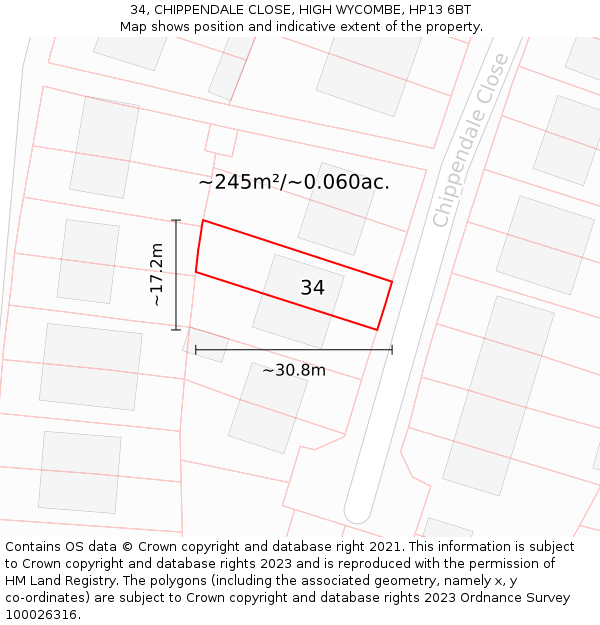 34, CHIPPENDALE CLOSE, HIGH WYCOMBE, HP13 6BT: Plot and title map