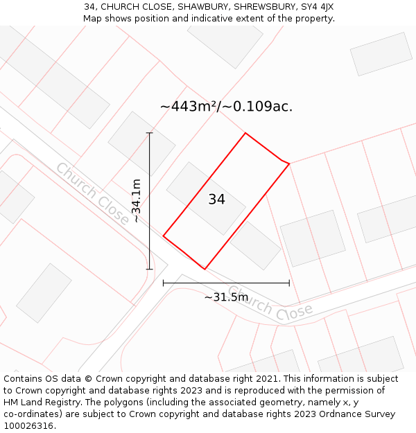 34, CHURCH CLOSE, SHAWBURY, SHREWSBURY, SY4 4JX: Plot and title map