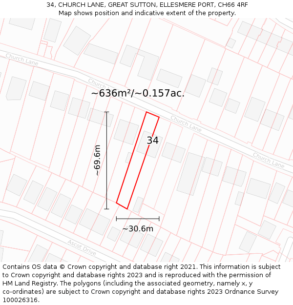 34, CHURCH LANE, GREAT SUTTON, ELLESMERE PORT, CH66 4RF: Plot and title map