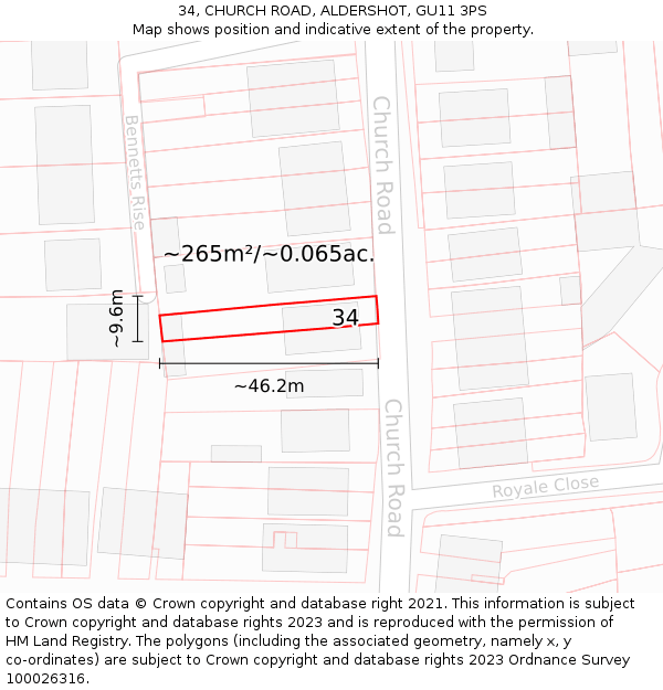 34, CHURCH ROAD, ALDERSHOT, GU11 3PS: Plot and title map