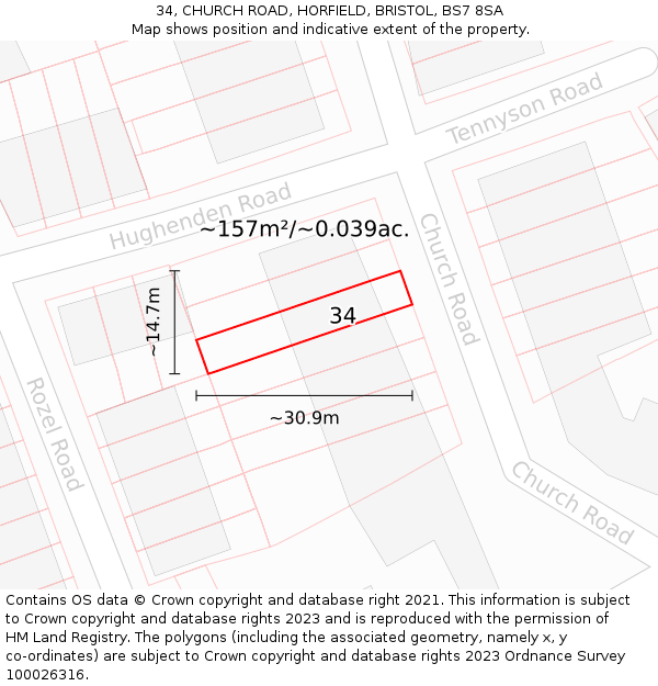 34, CHURCH ROAD, HORFIELD, BRISTOL, BS7 8SA: Plot and title map