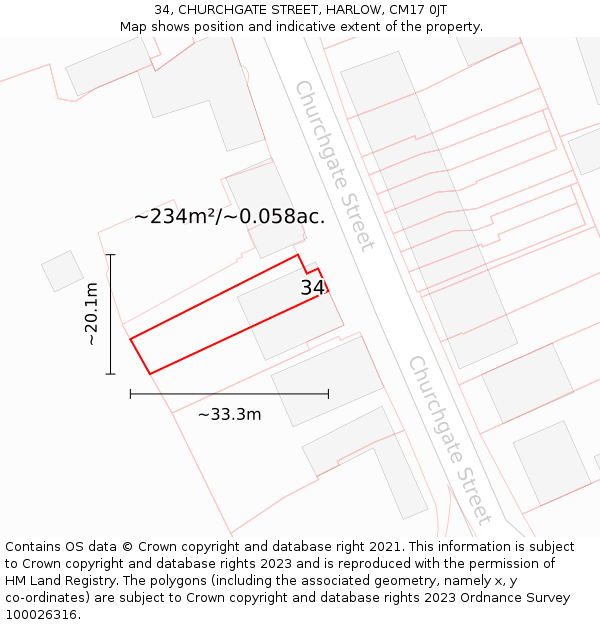 34, CHURCHGATE STREET, HARLOW, CM17 0JT: Plot and title map