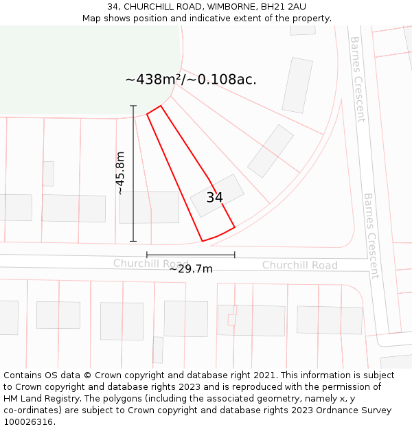 34, CHURCHILL ROAD, WIMBORNE, BH21 2AU: Plot and title map
