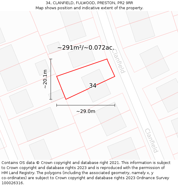 34, CLANFIELD, FULWOOD, PRESTON, PR2 9RR: Plot and title map