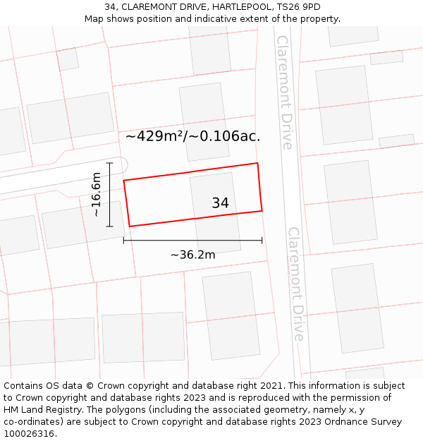 34, CLAREMONT DRIVE, HARTLEPOOL, TS26 9PD: Plot and title map