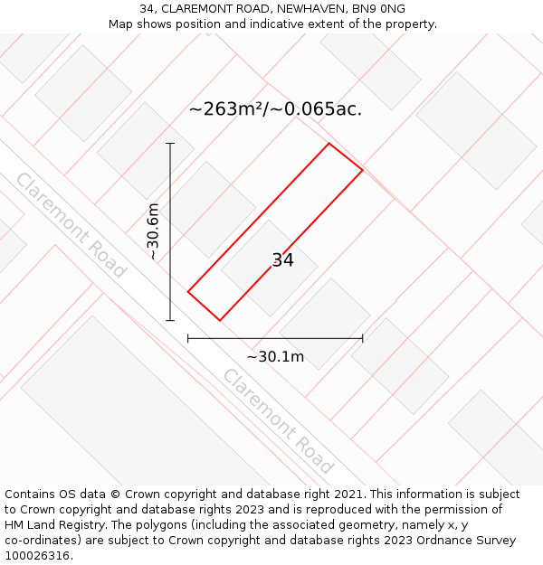 34, CLAREMONT ROAD, NEWHAVEN, BN9 0NG: Plot and title map