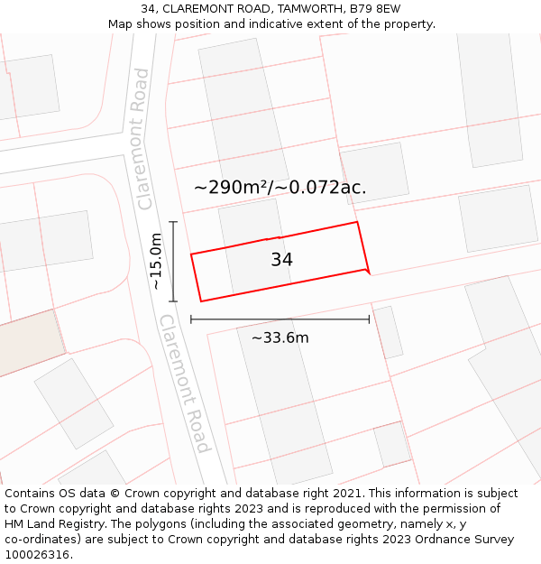 34, CLAREMONT ROAD, TAMWORTH, B79 8EW: Plot and title map