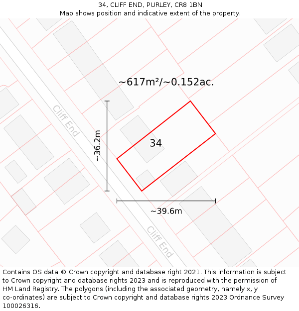 34, CLIFF END, PURLEY, CR8 1BN: Plot and title map