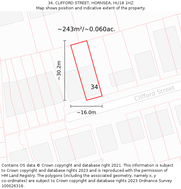 34, CLIFFORD STREET, HORNSEA, HU18 1HZ: Plot and title map