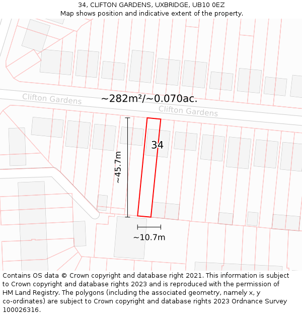 34, CLIFTON GARDENS, UXBRIDGE, UB10 0EZ: Plot and title map